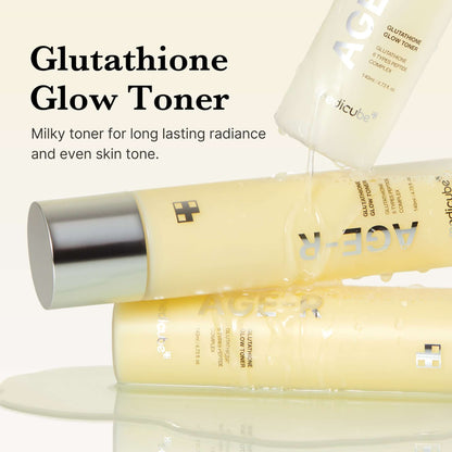 Medicube AGE-R Glutathione Glow Milk Toner bottles with milky texture for radiant skin.