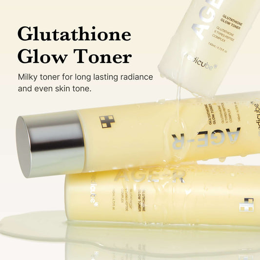 Medicube AGE-R Glutathione Glow Milk Toner bottles with milky texture for radiant skin.