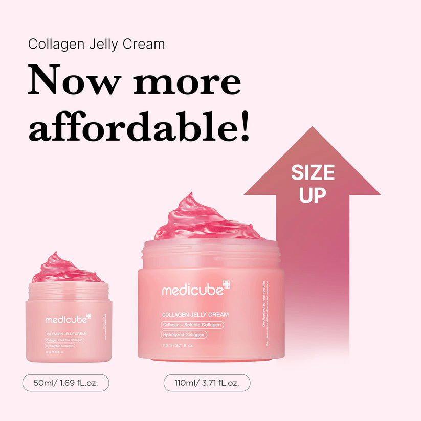 Medicube Collagen Niacinamide Jelly Cream in two sizes with promotional text 'Now more affordable!' on a pink background.