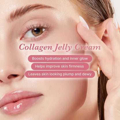 Close-up of woman applying Medicube Collagen Niacinamide Jelly Cream, showcasing glowing, plump skin with hydration benefits.