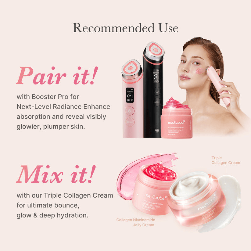 Recommended use of Medicube Collagen Niacinamide Jelly Cream with Booster Pro and Triple Collagen Cream for enhanced hydration