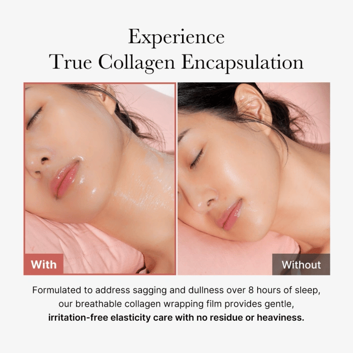Experience the effects of Medicube Collagen Night Wrapping Mask on skin firmness and glow, with results shown in before and after images.