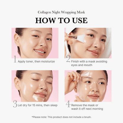 How to use Medicube Collagen Night Wrapping Mask for smoother skin, step-by-step guide illustrations.