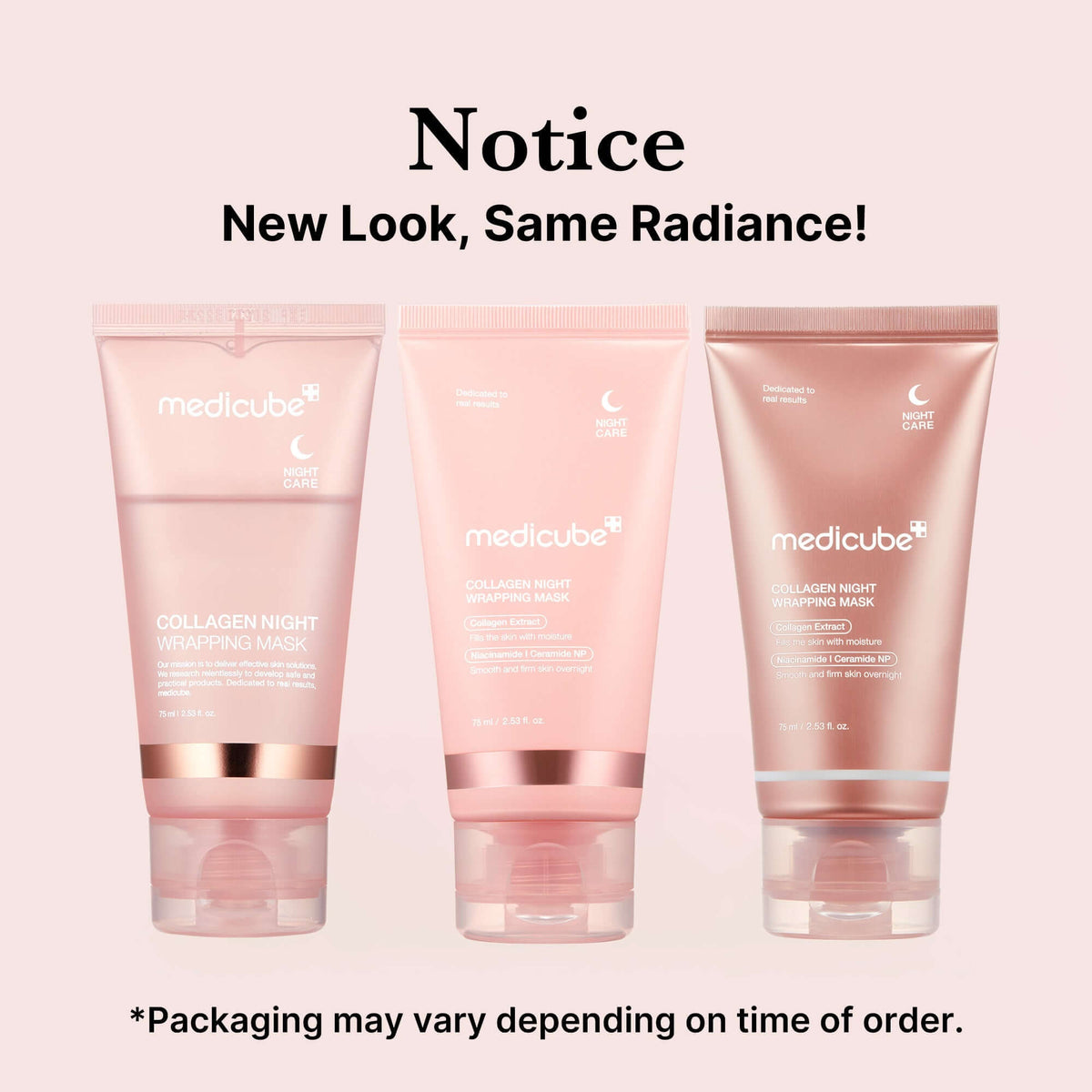 Medicube Collagen Night Wrapping Mask trio in new packaging for radiant skin.