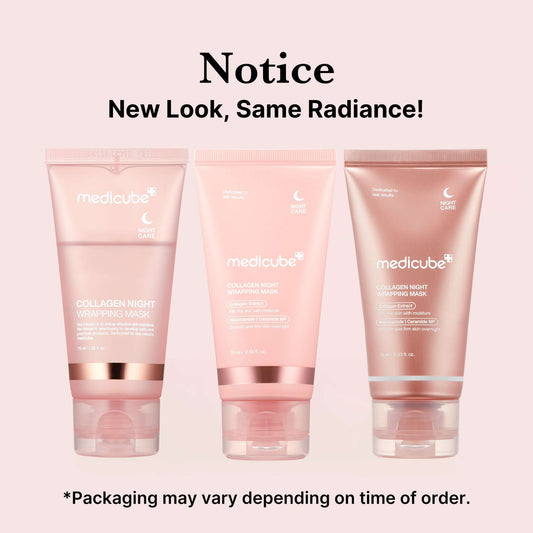 Medicube Collagen Night Wrapping Mask trio in new packaging for radiant skin.