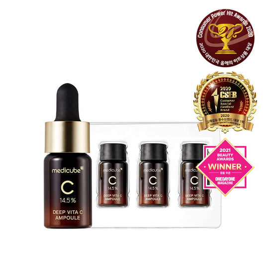 Medicube Deep Vita C Ampoule with dropper and three sample vials for skin brightening and radiance improvement.