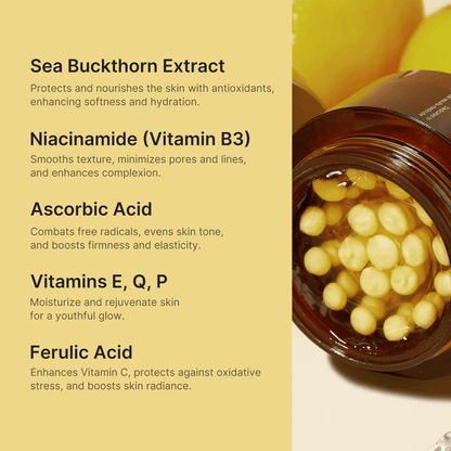 Medicube Deep Vita C Capsule Cream ingredients list including Sea Buckthorn Extract, Niacinamide, Ascorbic Acid, Vitamins E, Q, P, and Ferulic Acid.