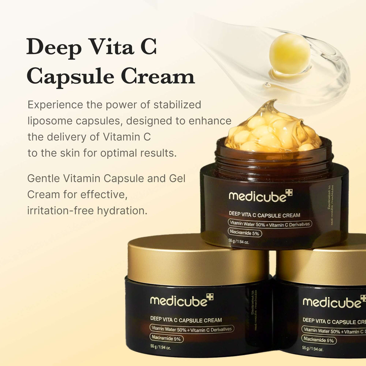 Medicube Deep Vita C Capsule Cream in jars showcasing the stabilized liposome capsules for skin hydration.