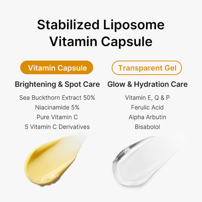 Medicube Deep Vita C Capsule Cream ingredients including vitamin capsules and transparent gel for skin care.