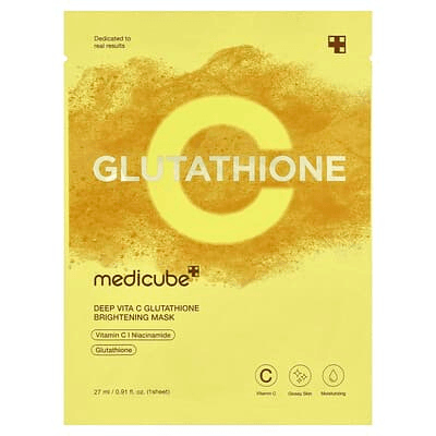 Medicube Deep Vita C Glutathione Brightening Beauty Mask packaging featuring Vitamin C and Glutathione.