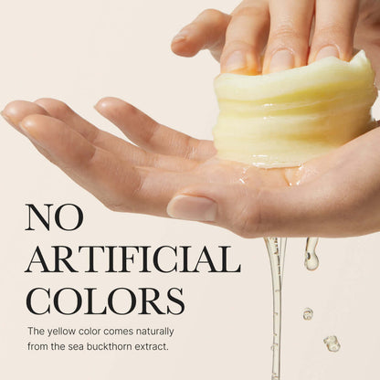 Medicube Deep Vita C Pads being applied, highlighting natural yellow color from sea buckthorn extract.