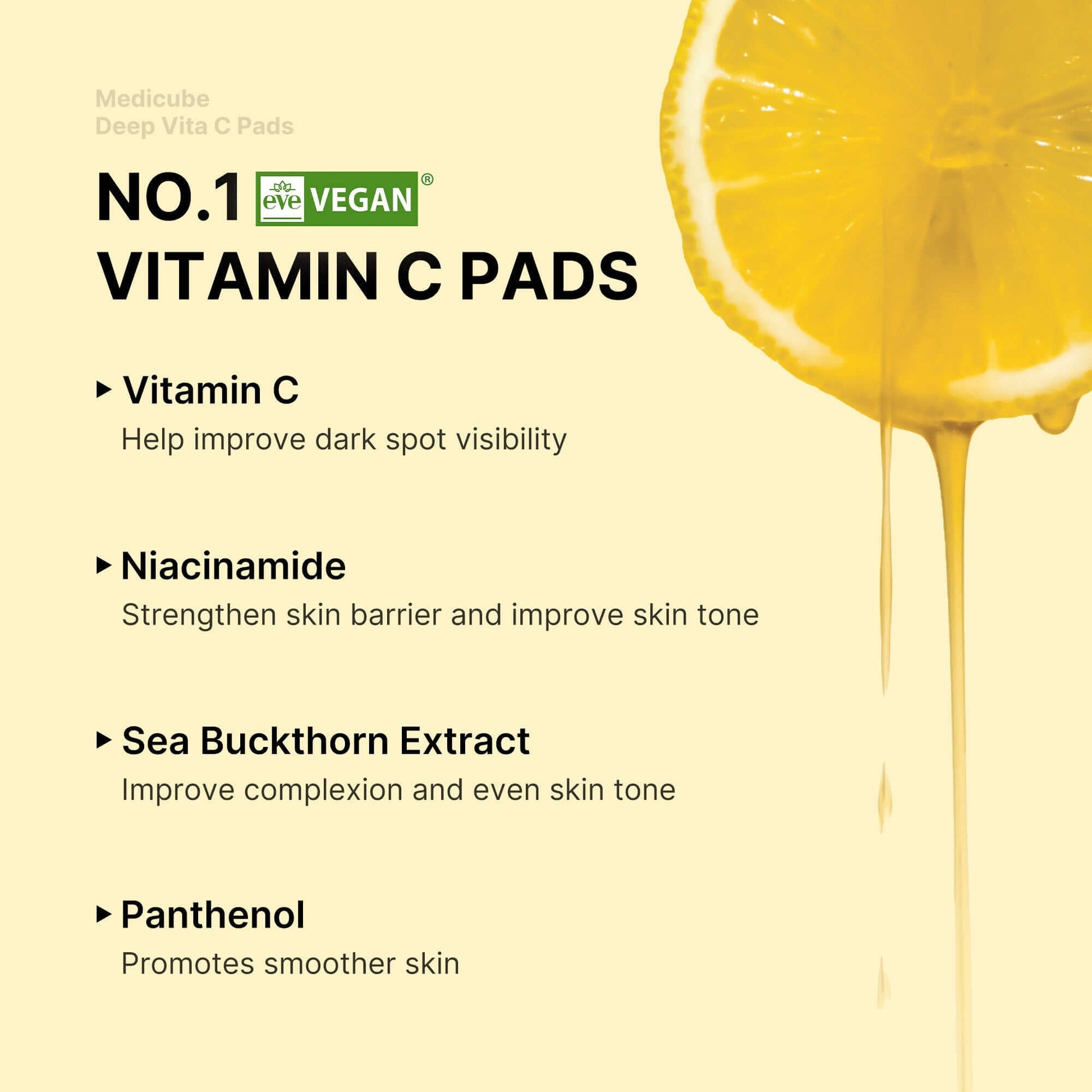Medicube Deep Vita C Pads ingredients and benefits including Vitamin C, Niacinamide, Sea Buckthorn Extract, and Panthenol.