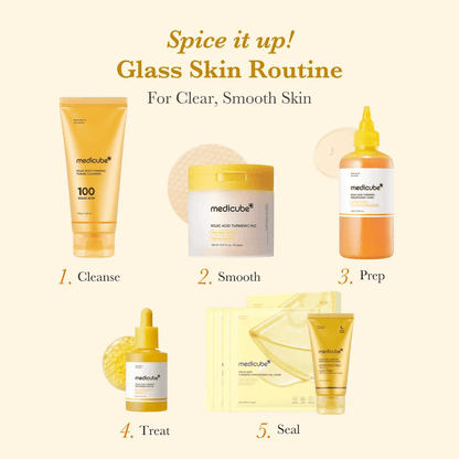 Medicube Kojic Acid Tumeric Toner Pad as part of a glass skin routine for clear, smooth skin using Korean skincare products.
