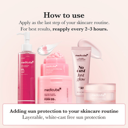 Medicube Glow Collagen Sunscreen SPF 50 displayed with other Korean skincare products, illustrating usage instructions.