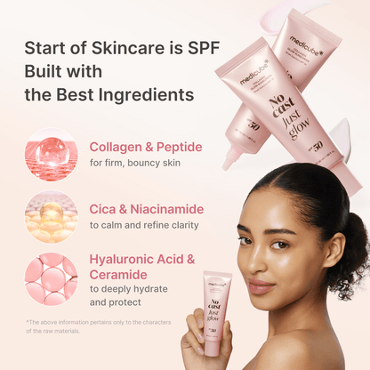 Medicube Glow Collagen Sunscreen SPF 50 with benefits of collagen, cica, and hyaluronic acid for radiant skin.