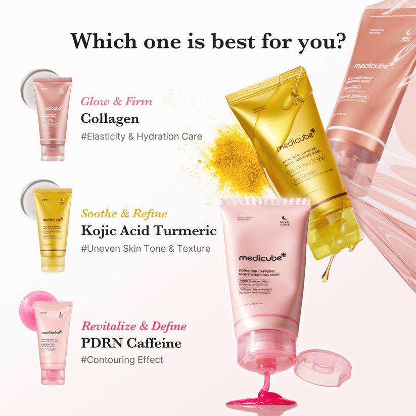 Medicube PDRN Pink Caffeine Overnight Wrapping Mask alongside Collagen and Kojic Acid Turmeric products for skincare options.