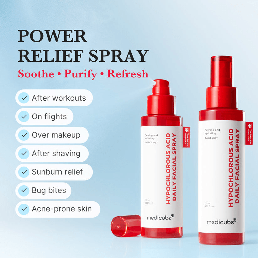 Medicube Hypochlorous Acid Power Soothing Spray for calming, refreshing and purifying skin after workouts and sun exposure.