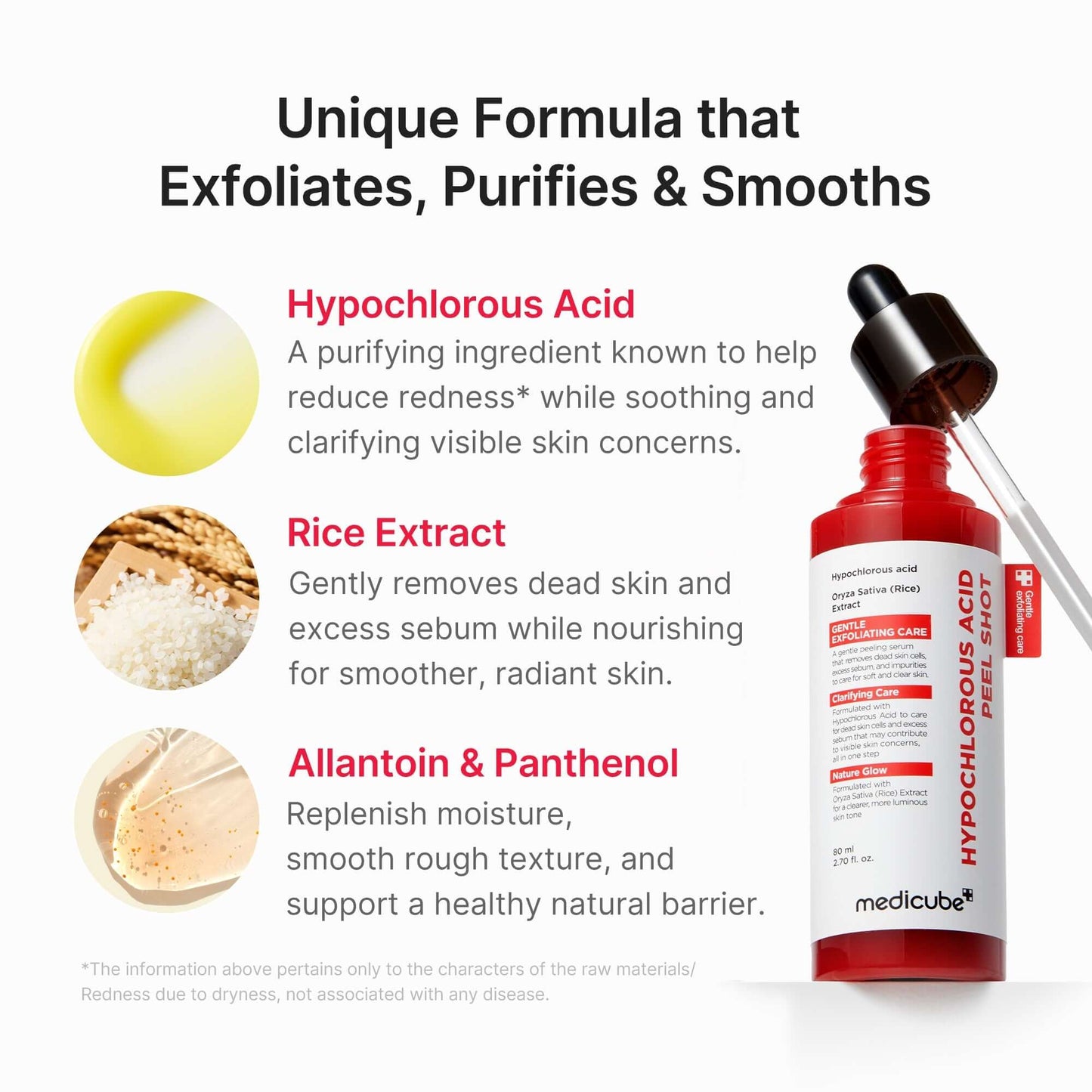 Medicube Hypochlorous Acid Rice Peel Shot unique formula bottle, highlighting exfoliating and purifying benefits.