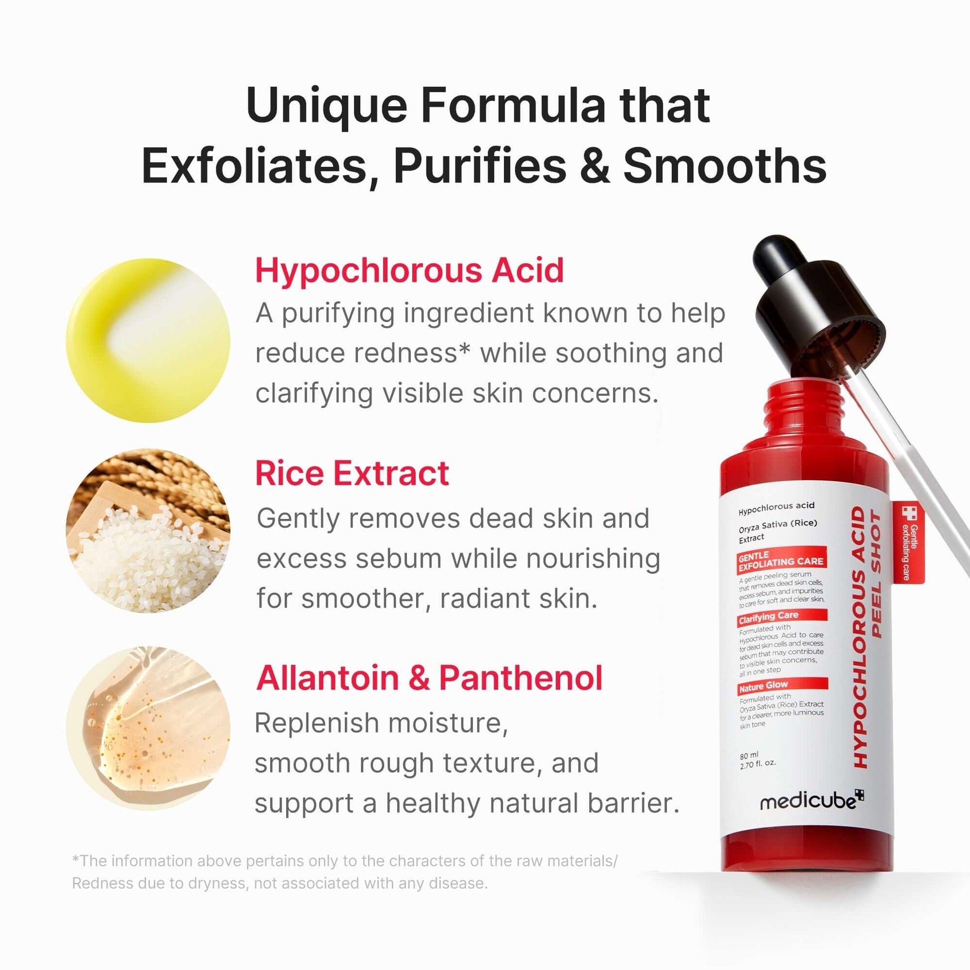 Medicube Hypochlorous Acid Rice Peel Shot unique formula bottle, highlighting exfoliating and purifying benefits.