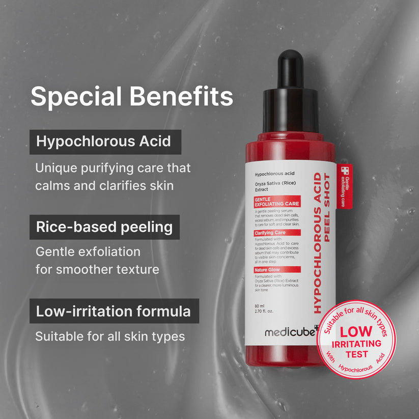 Medicube Hypochlorous Acid Rice Peel Shot bottle showcasing special benefits including gentle exfoliation and low irritation formula.