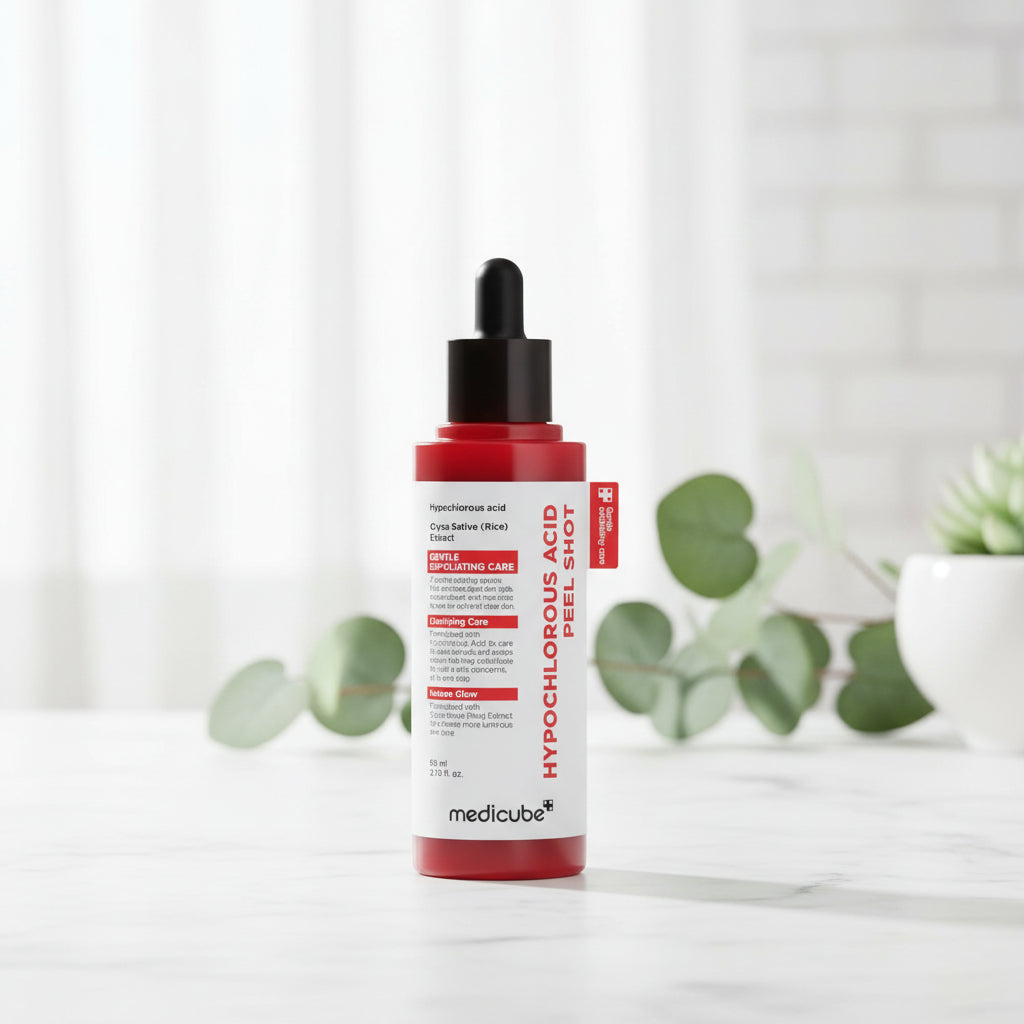 Medicube Hypochlorous Acid Rice Peel Shot serum bottle with exfoliating formula for clearer skin.