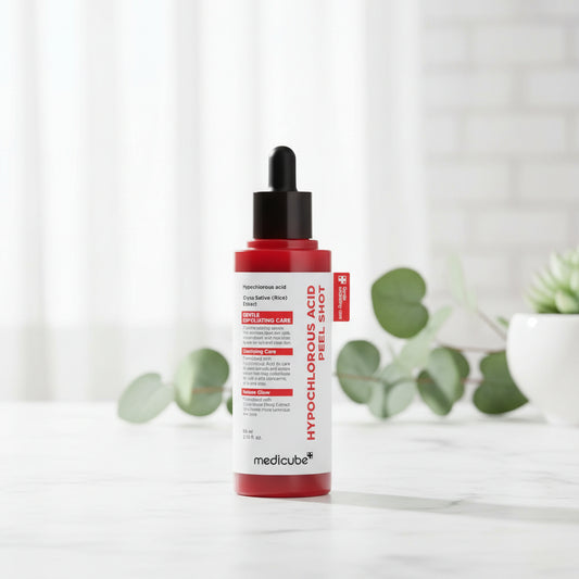 Medicube Hypochlorous Acid Rice Peel Shot serum bottle with exfoliating formula for clearer skin.