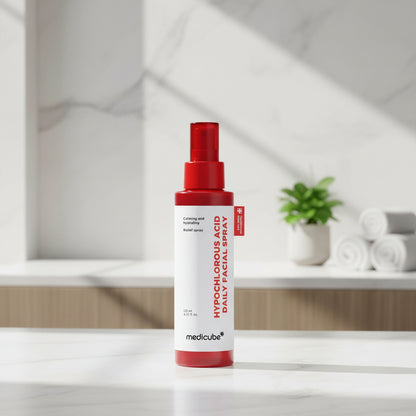 Medicube Hypochlorous Acid Power Soothing Spray bottle with red cap on white background.