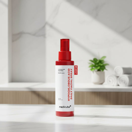 Medicube Hypochlorous Acid Power Soothing Spray bottle with red cap on white background.