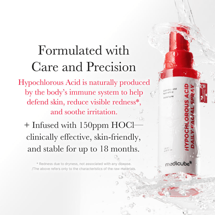 Medicube Hypochlorous Acid Power Soothing Spray bottle with mist and product details for clearer-looking skin.