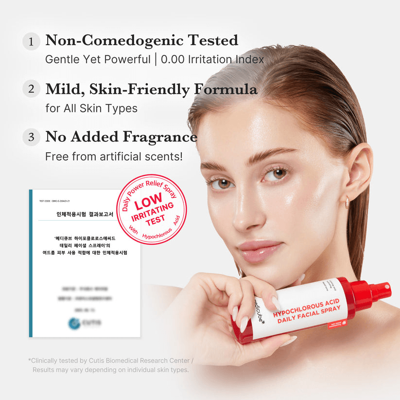Medicube Hypochlorous Acid Power Soothing Spray benefits: non-comedogenic, gentle, skin-friendly formula for all skin types.