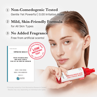 Medicube Hypochlorous Acid Power Soothing Spray benefits: non-comedogenic, gentle, skin-friendly formula for all skin types.