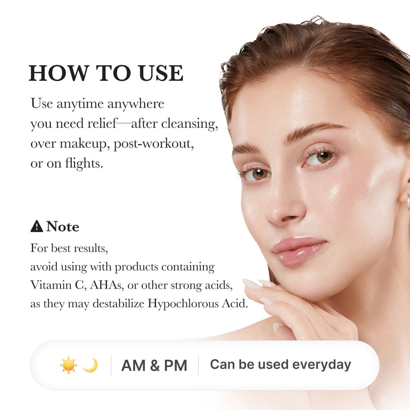 Instructions for using Medicube Hypochlorous Acid Power Soothing Spray for relief anytime, anywhere.