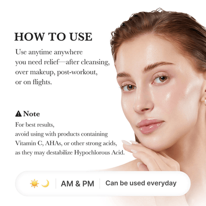 Instructions for using Medicube Hypochlorous Acid Power Soothing Spray for relief anytime, anywhere.