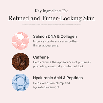 Medicube PDRN Pink Caffeine Overnight Wrapping Mask - Key ingredients for refined and firmer-looking skin: Salmon DNA, Caffeine, Hyaluronic Acid, and Peptides.