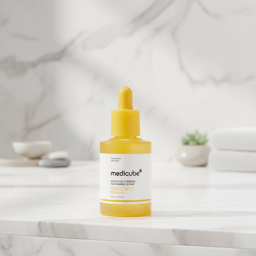 Medicube Kojic Acid Turmeric Capsule Serum in a bright yellow bottle with dropper, promoting skin brightening.