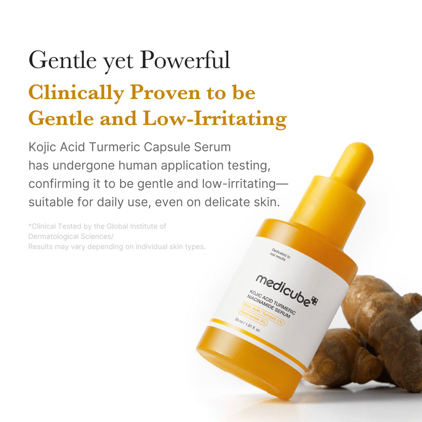 Medicube Kojic Acid Turmeric Capsule Serum bottle with text 'Gentle yet Powerful' on white background.