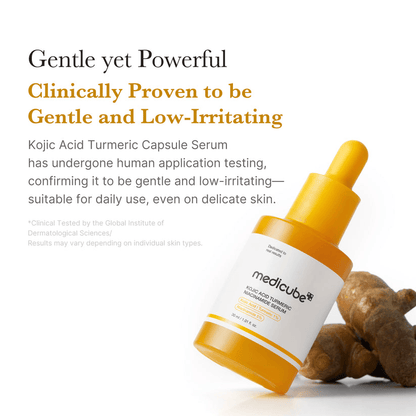 Medicube Kojic Acid Turmeric Capsule Serum bottle with text 'Gentle yet Powerful' on white background.