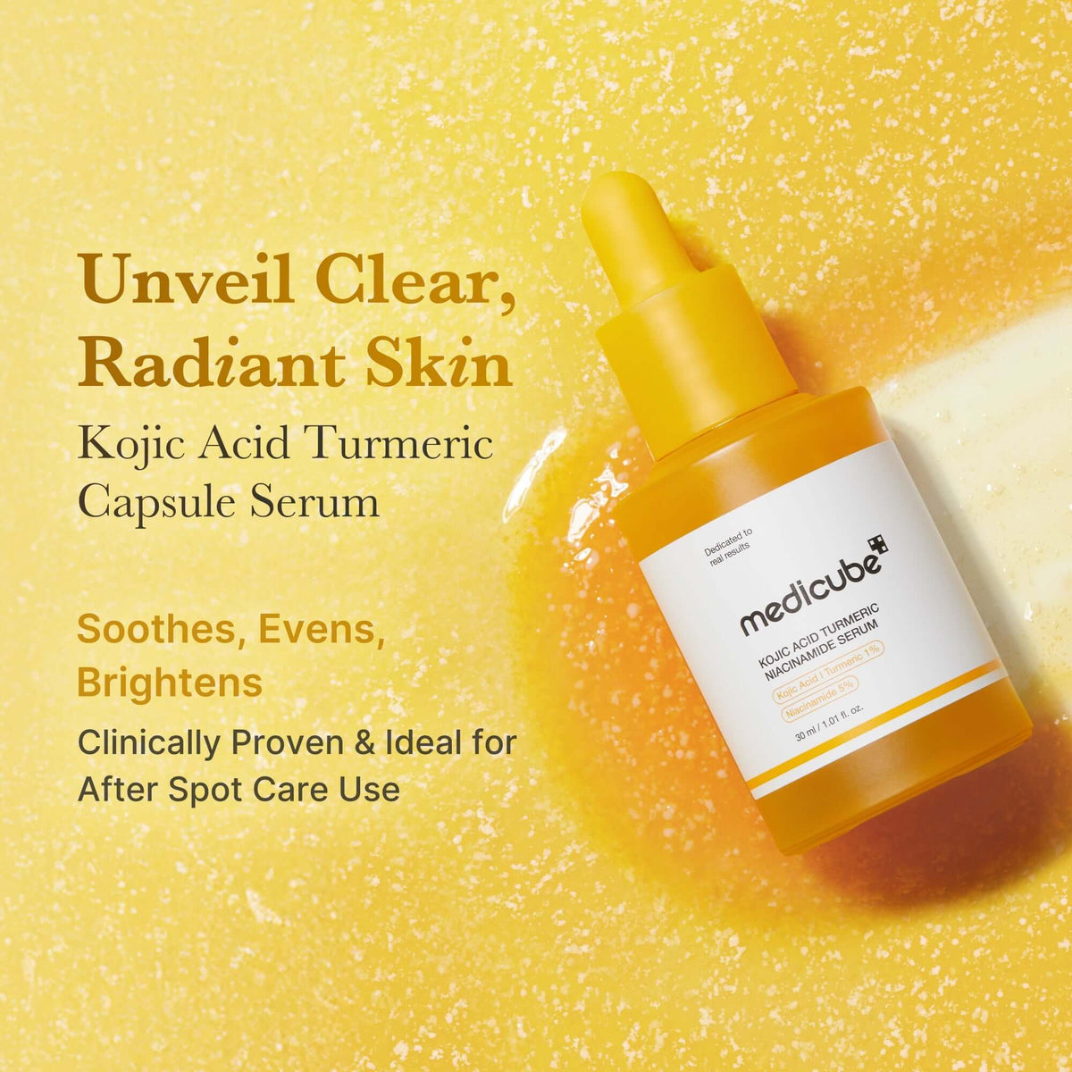 Medicube Kojic Acid Turmeric Capsule Serum in a bright yellow background, promoting even and radiant skin.