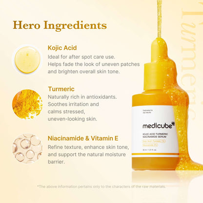 Hero ingredients of Medicube Kojic Acid Turmeric Capsule Serum, showcasing brightening and skin-enhancing properties.