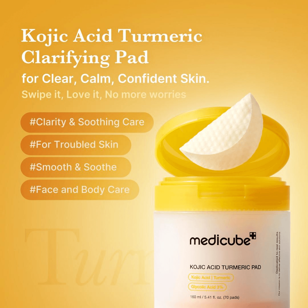 Medicube Kojic Acid Tumeric Toner Pad in yellow container for clear, calm and confident skin with soothing properties.