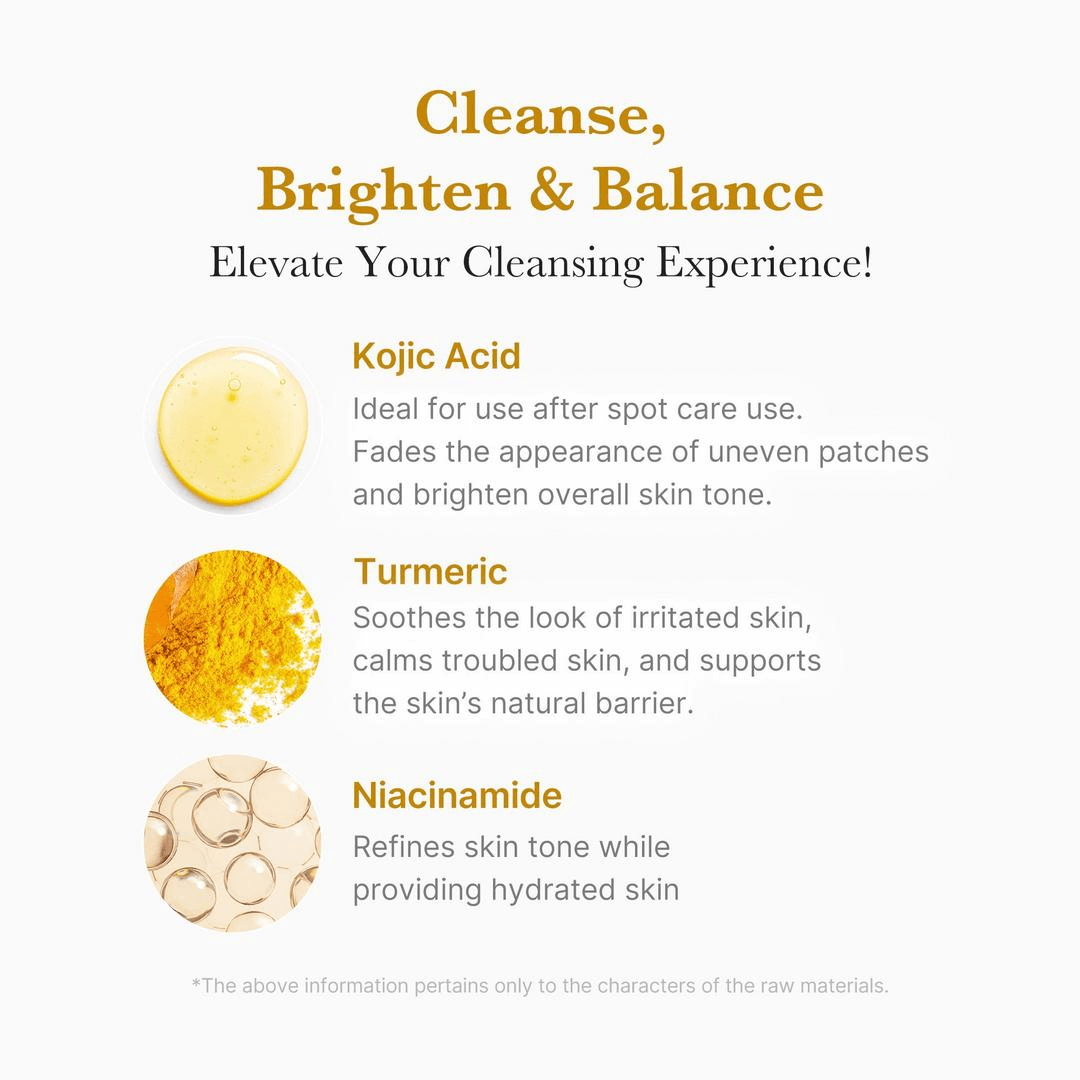 Medicube Kojic Acid Turmeric Toning Cleanser ingredients: Kojic Acid, Turmeric, Niacinamide for brightening and balancing skin.