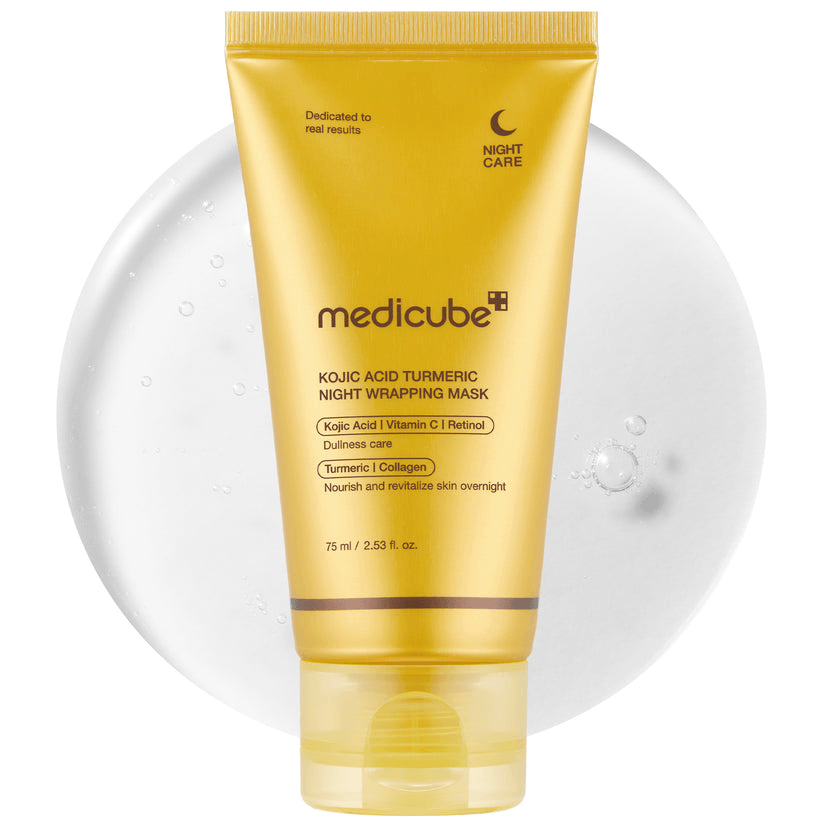 Medicube Kojic Acid Turmeric Overnight Wrapping Mask product packaging, showcasing its brightening and nourishing properties.