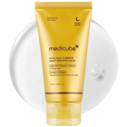 Medicube Kojic Acid Turmeric Overnight Wrapping Mask product packaging, showcasing its brightening and nourishing properties.