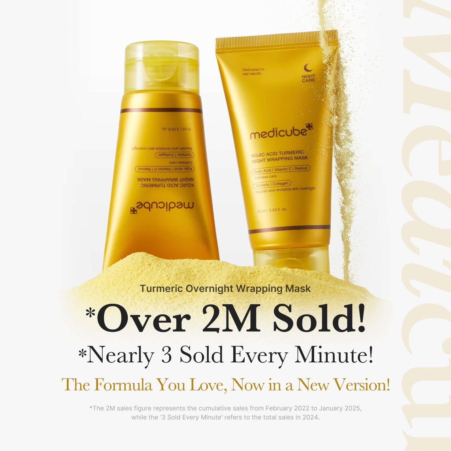 Medicube Kojic Acid Turmeric Overnight Wrapping Mask, over 2 million sold, promotional image highlighting sales success.