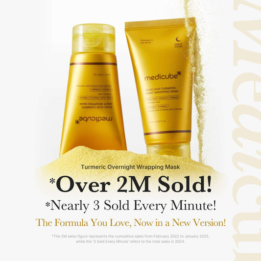 Medicube Kojic Acid Turmeric Overnight Wrapping Mask, over 2 million sold, promotional image highlighting sales success.