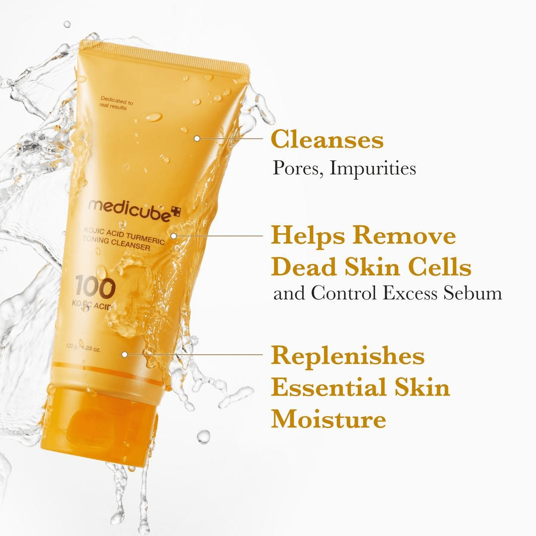 Medicube Kojic Acid Turmeric Toning Cleanser with benefits for cleansing, exfoliating, and moisturizing skin.