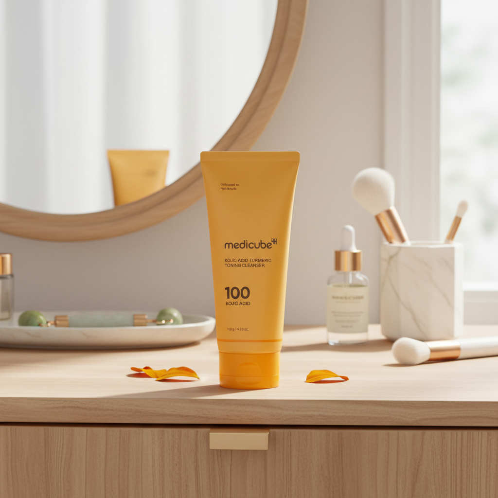Medicube Kojic Acid Turmeric Toning Cleanser in bright packaging on wooden vanity, part of Korean skincare products.