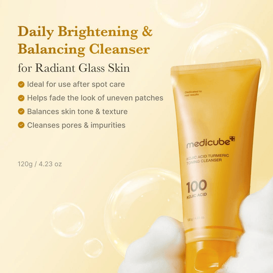 Medicube Kojic Acid Turmeric Toning Cleanser next to bubbles with benefits for brightening skin tone.