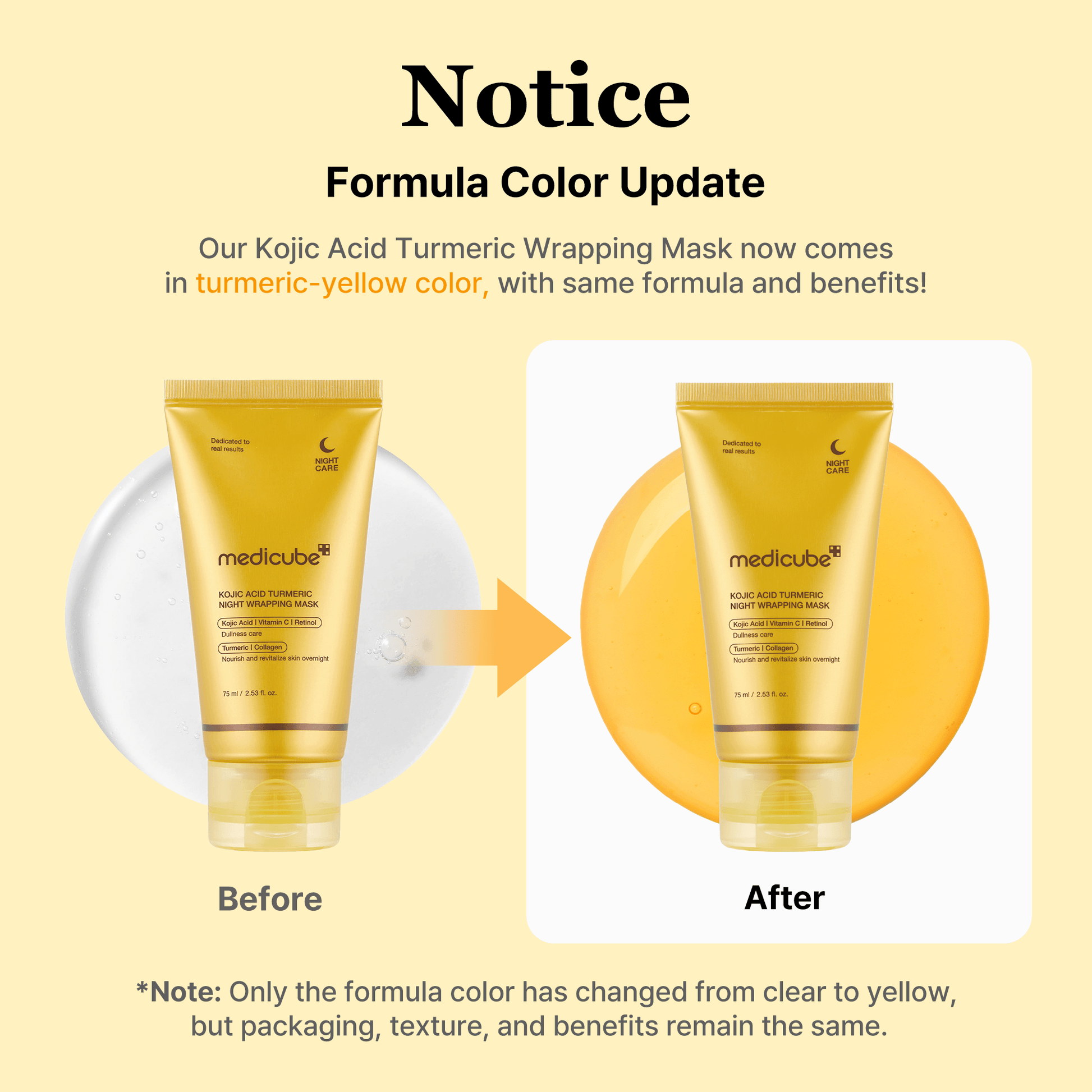 Medicube Kojic Acid Turmeric Overnight Wrapping Mask before and after color update with turmeric-yellow hue.
