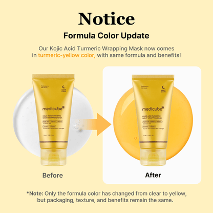 Medicube Kojic Acid Turmeric Overnight Wrapping Mask before and after color update with turmeric-yellow hue.